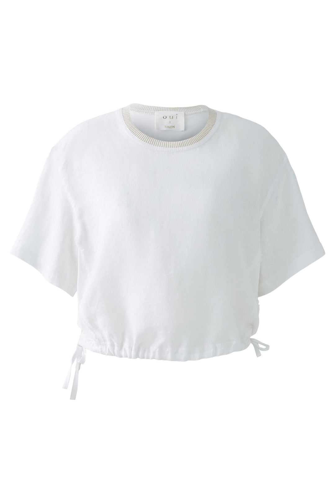 Oui Top Drawstring Waist Frayed Seam Optic White 92936 1002 - Olivia Grace Fashion