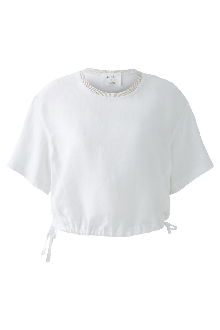 Oui Top Drawstring Waist Frayed Seam Optic White 92936 1002 - Olivia Grace Fashion