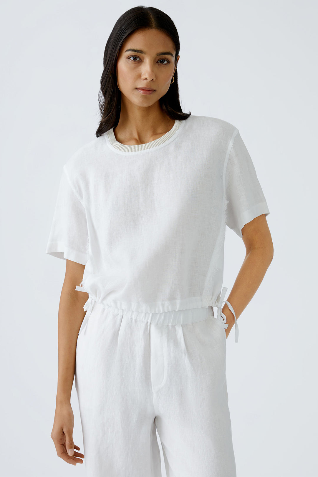 Oui Top Drawstring Waist Frayed Seam Optic White 92936 1002 - Olivia Grace Fashion