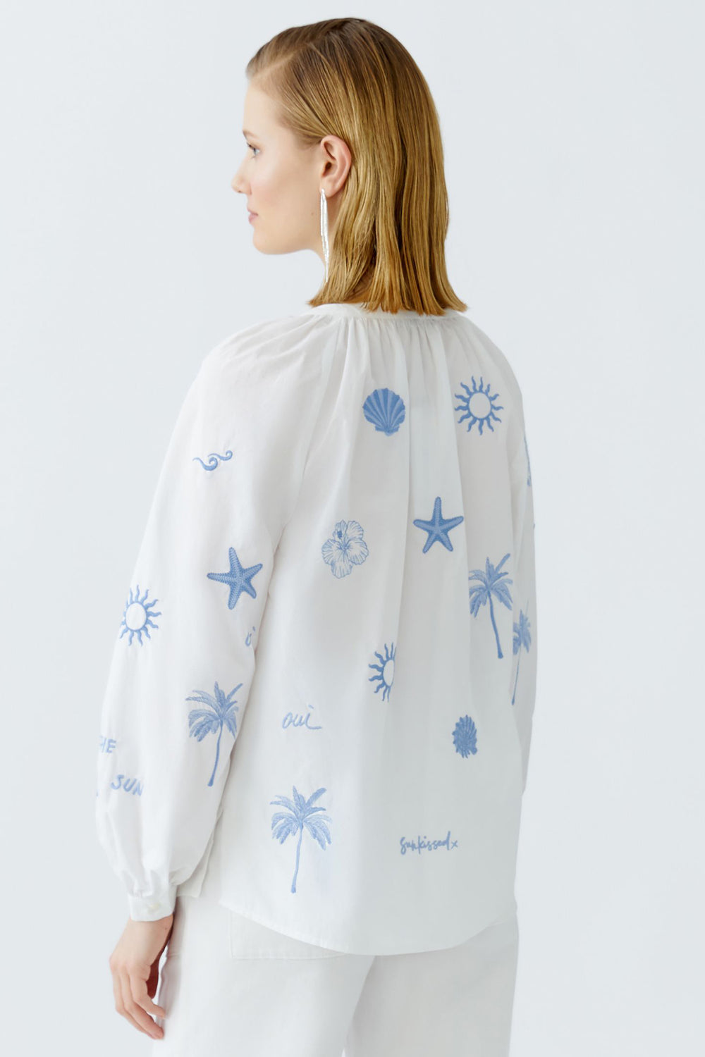 Oui Tunic Optic White Blue Embroidered Tropical Detail 93211 1002 - Olivia Grace Fashion