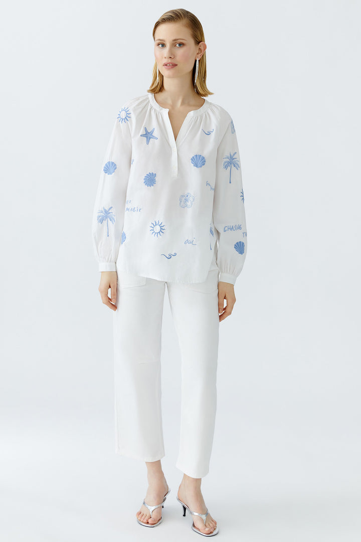 Oui Tunic Optic White Blue Embroidered Tropical Detail 93211 1002 - Olivia Grace Fashion