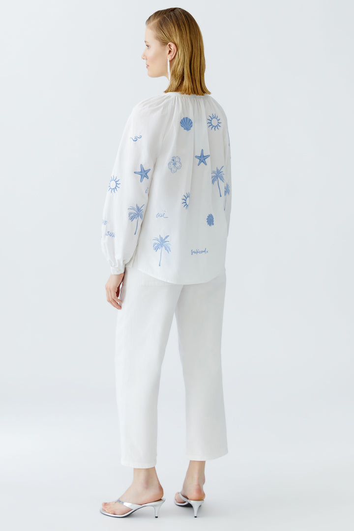 Oui Tunic Optic White Blue Embroidered Tropical Detail 93211 1002 - Olivia Grace Fashion