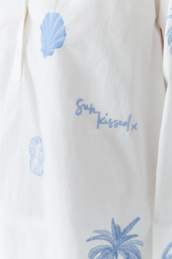 Oui Tunic Optic White Blue Embroidered Tropical Detail 93211 1002 - Olivia Grace Fashion