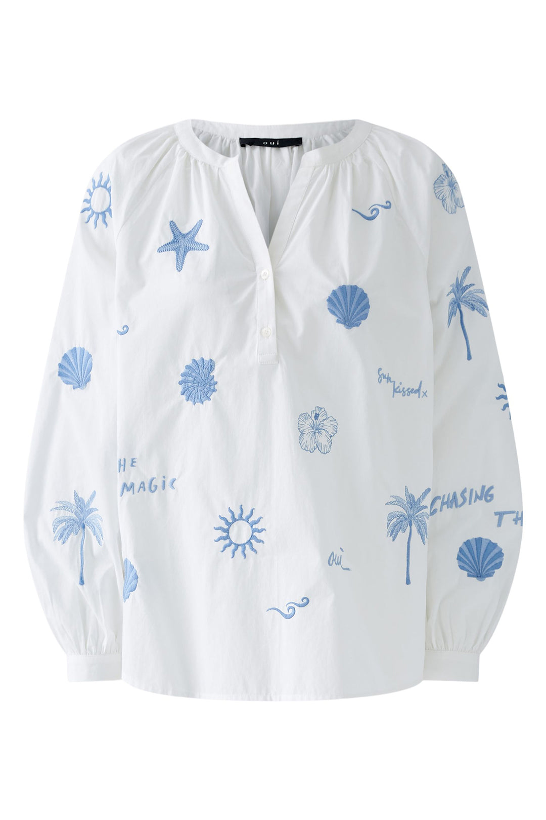 Oui Tunic Optic White Blue Embroidered Tropical Detail 93211 1002 - Olivia Grace Fashion