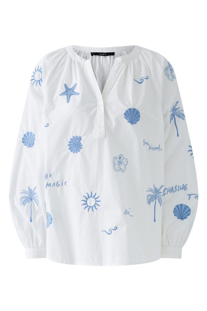 Oui Tunic Optic White Blue Embroidered Tropical Detail 93211 1002 - Olivia Grace Fashion