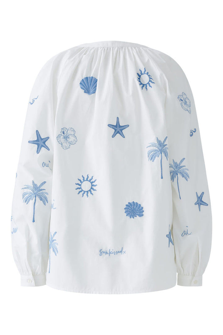 Oui Tunic Optic White Blue Embroidered Tropical Detail 93211 1002 - Olivia Grace Fashion