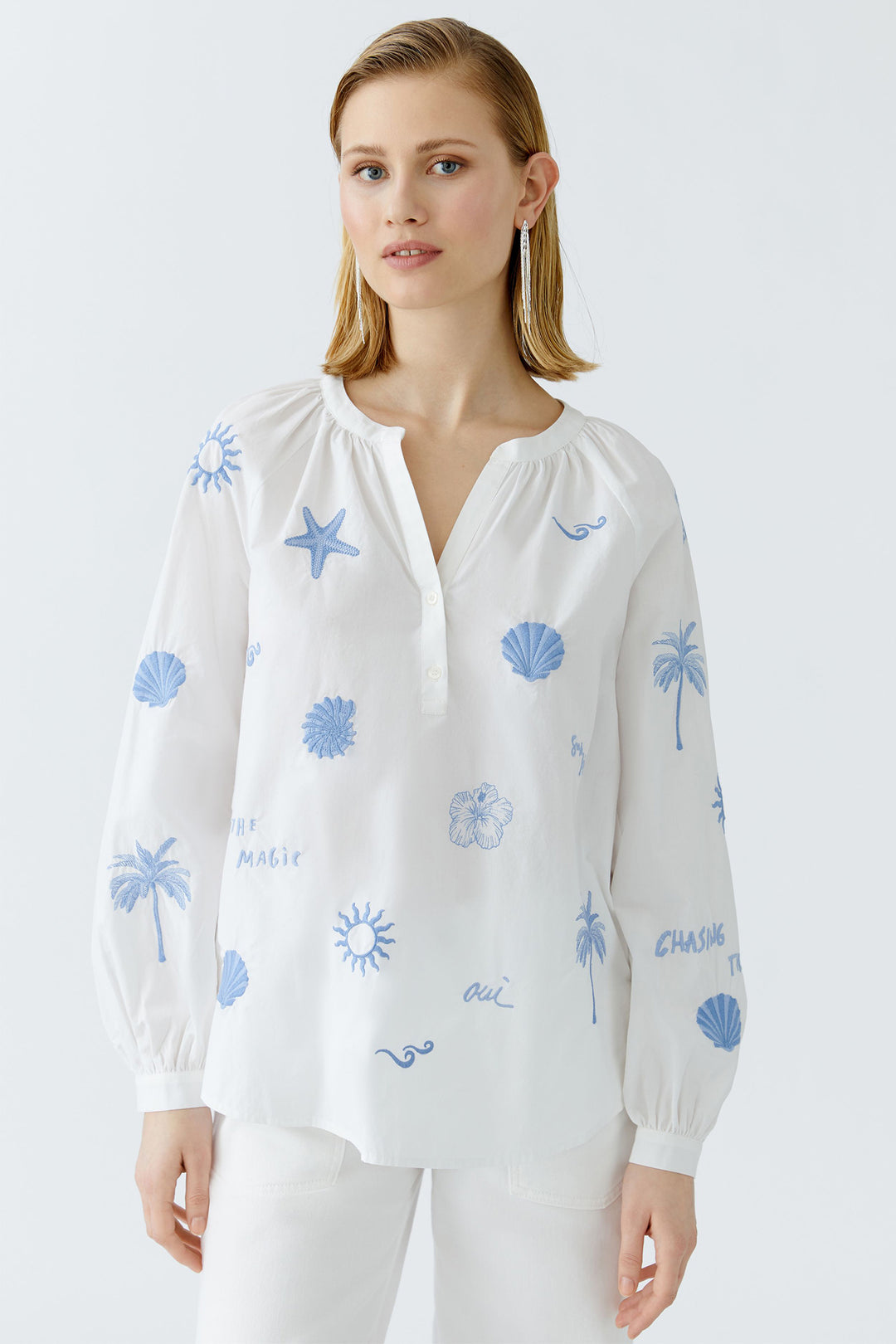 Oui Tunic Optic White Blue Embroidered Tropical Detail 93211 1002 - Olivia Grace Fashion