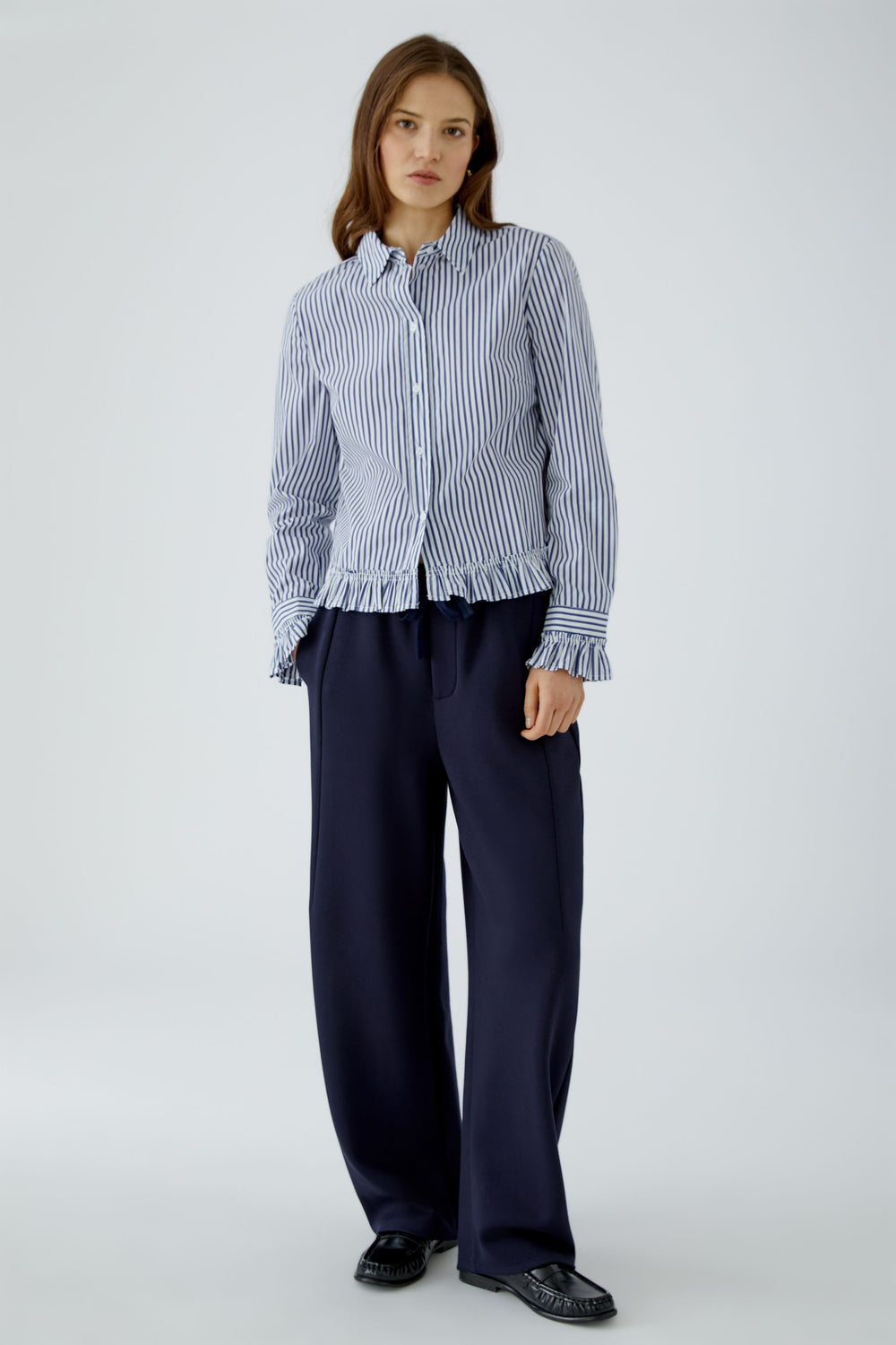 Oui White Blue Stripe Ruffle Hem Shirt Blouse 99104