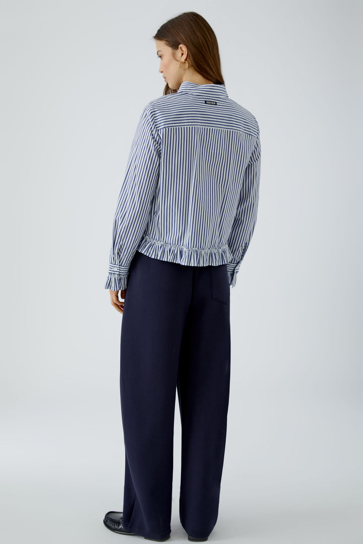 Oui White Blue Stripe Ruffle Hem Shirt Blouse 99104