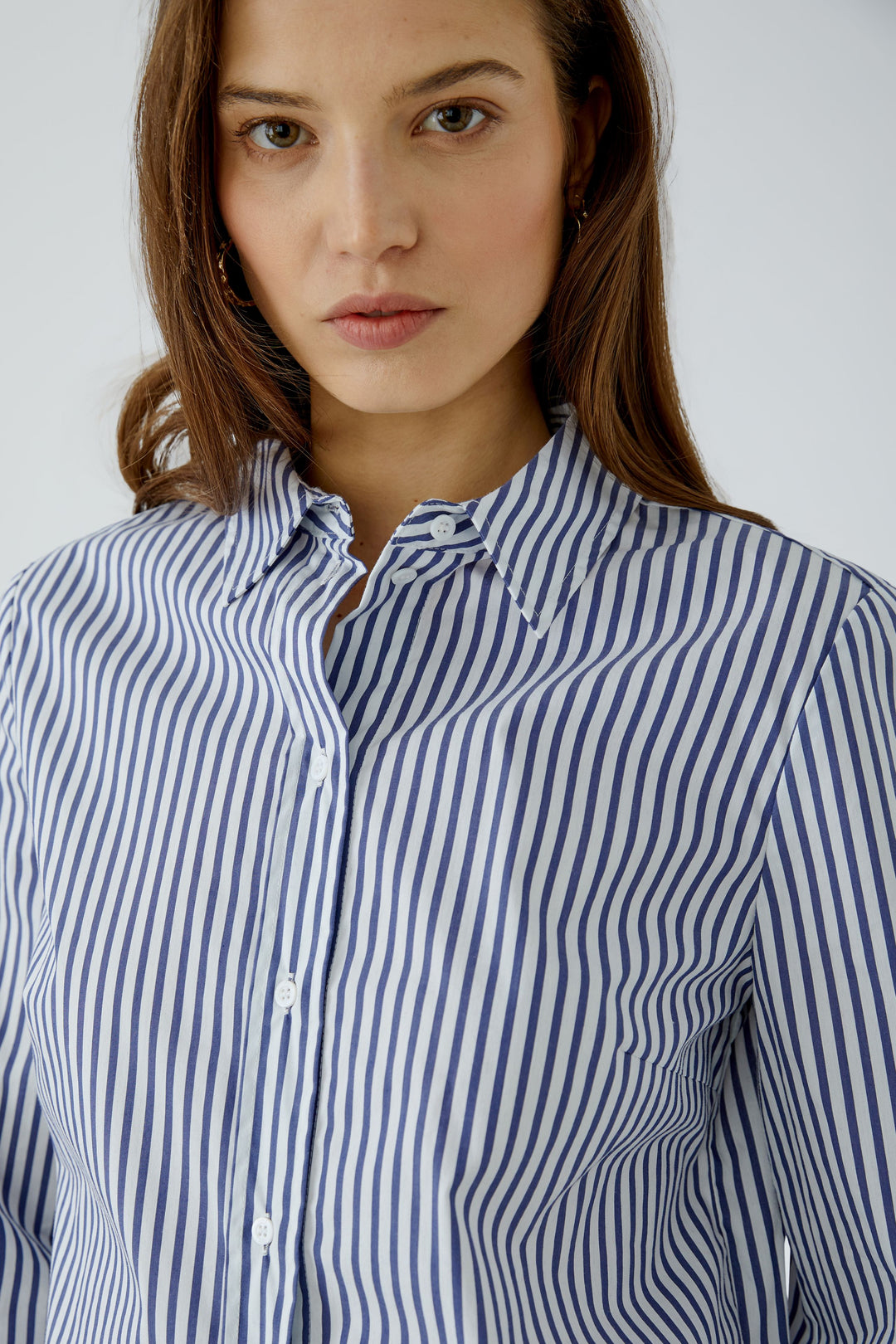 Oui White Blue Stripe Ruffle Hem Shirt Blouse 99104