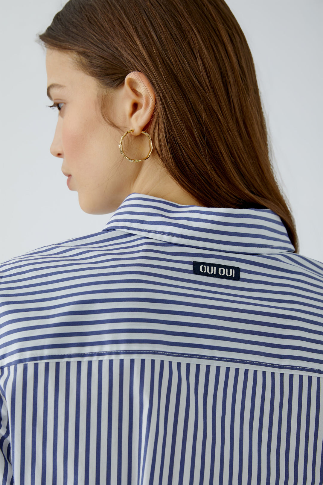 Oui White Blue Stripe Ruffle Hem Shirt Blouse 99104