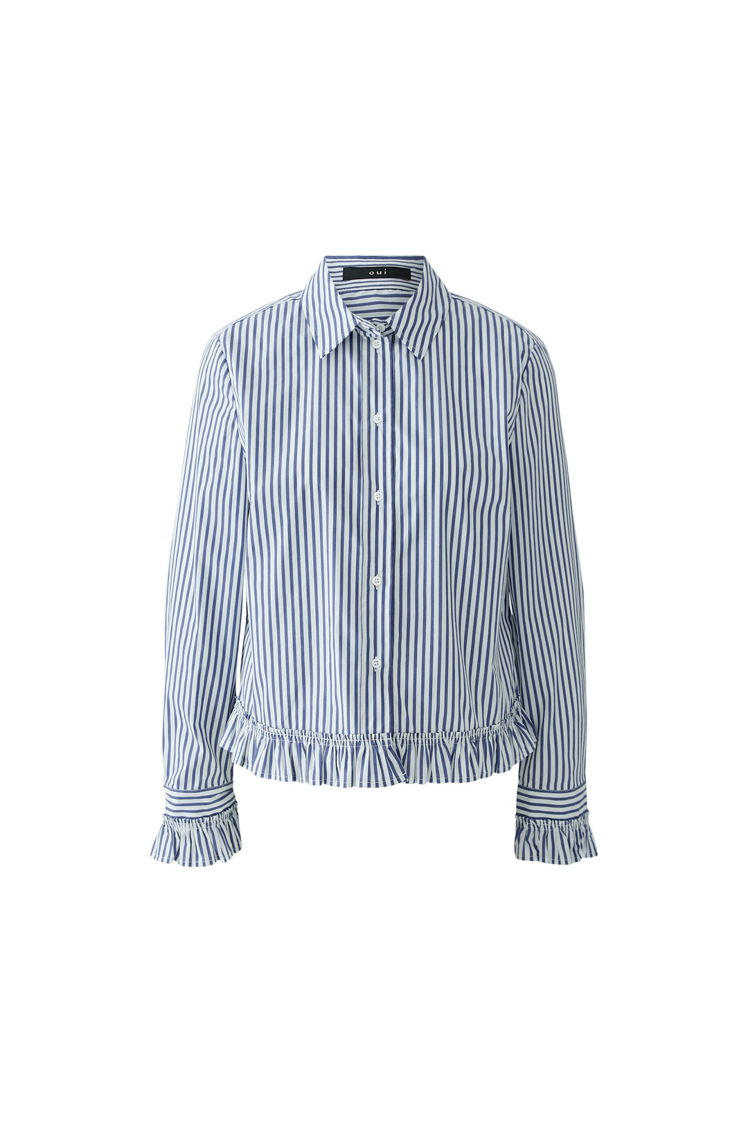 Oui White Blue Stripe Ruffle Hem Shirt Blouse 99104