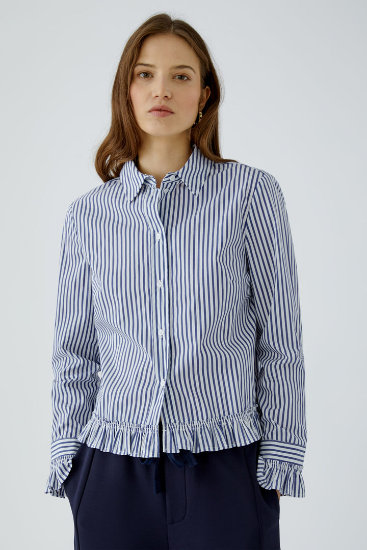 Oui White Blue Stripe Ruffle Hem Shirt Blouse 99104