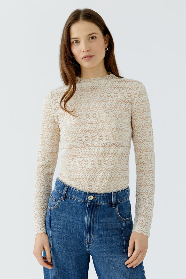 Oui Whitecap Grey White Lace Long Sleeve Top, full length back