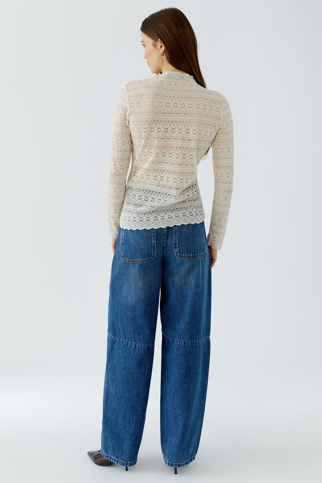 Oui Whitecap Grey White Lace Long Sleeve Top, lace detail