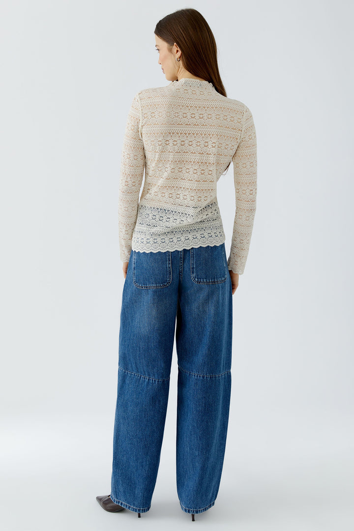 Oui Whitecap Grey White Lace Long Sleeve Top, lace detail