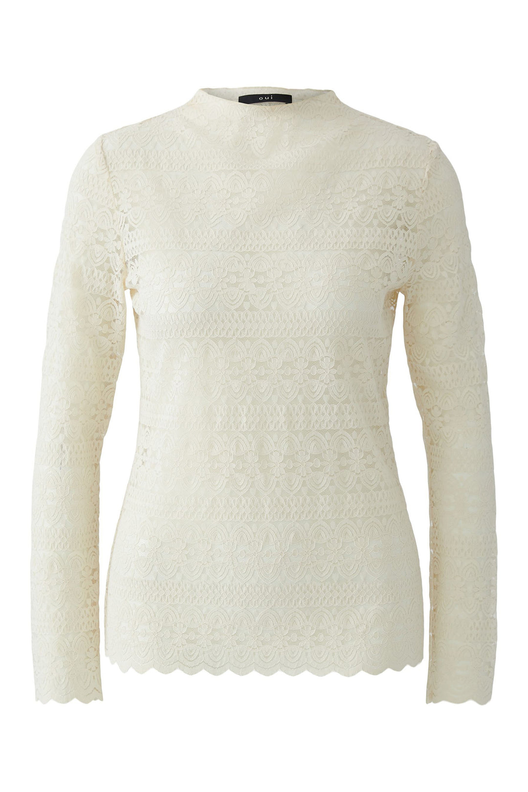 Oui Whitecap Grey White Lace Long Sleeve Top, front
