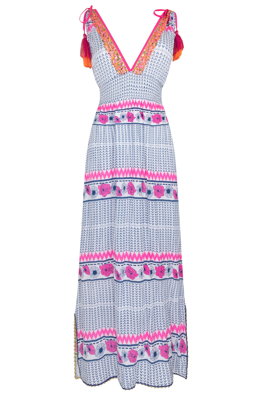 Place du Soleil S24 117 Blue Pink Print Tassle Shoulder Long Dress - Olivia Grace Fashion