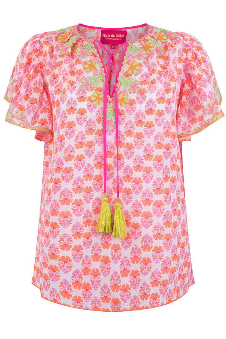 Place du Soleil S24 121 Pink Orange Print Blouse - Olivia Grace Fashion