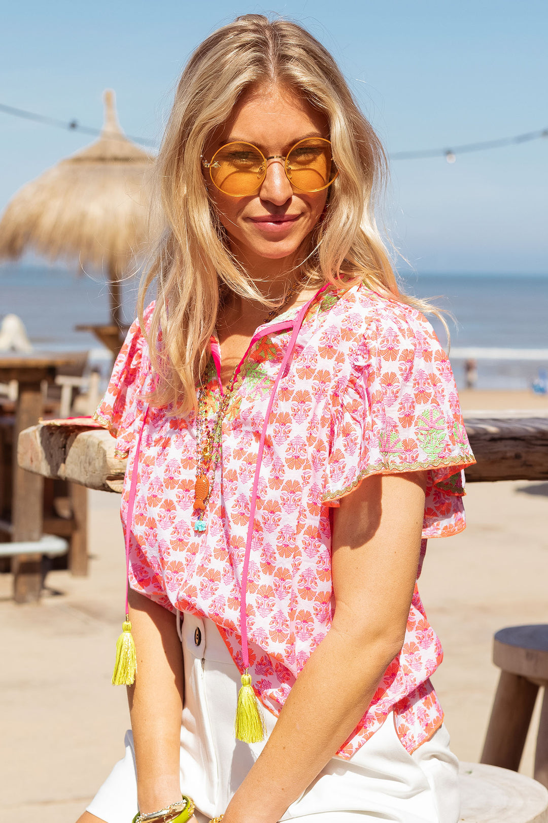 Place du Soleil S24 121 Pink Orange Print Blouse - Olivia Grace Fashion