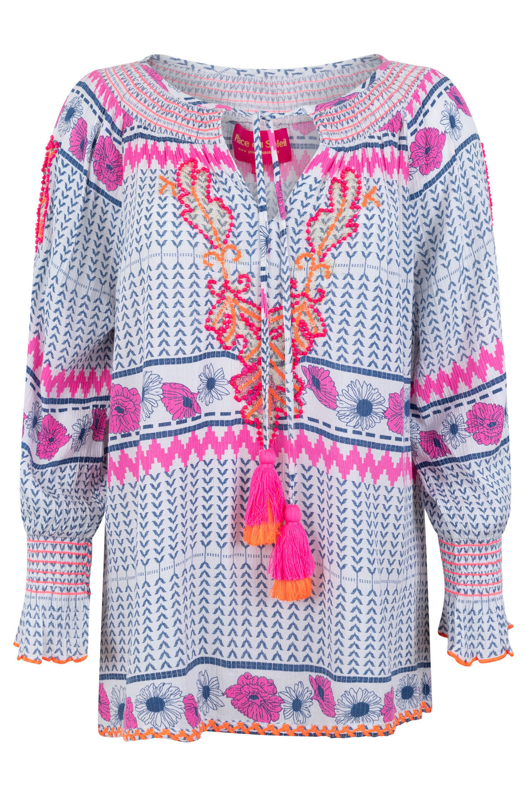 Place du Soleil S24 126 Blue Pink Print Tassle Tie Blouse - Olivia Grace Fashion