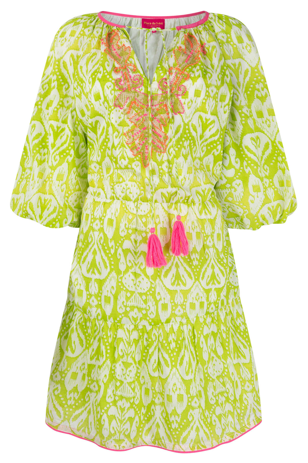 Place du Soleil S24 129 Lime Green Print Short Summer Dress - Olivia Grace Fashion