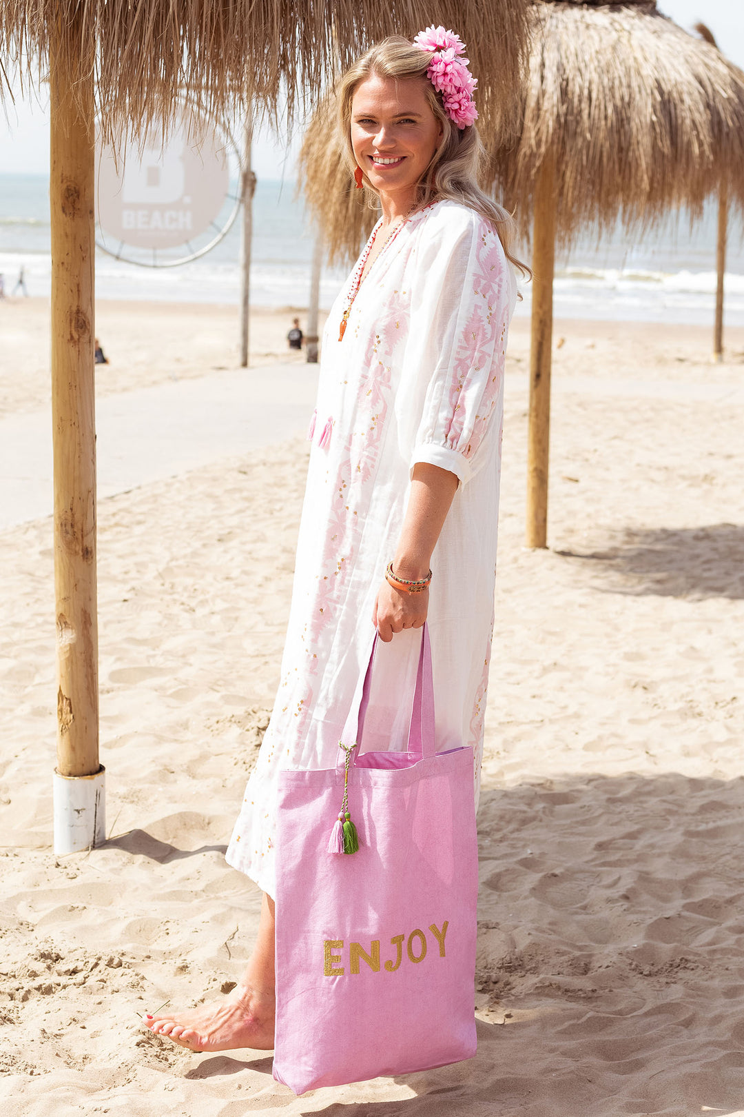 Place du Soleil S24 306 White Pink Ikat Print Long Dress - Olivia Grace Fashion