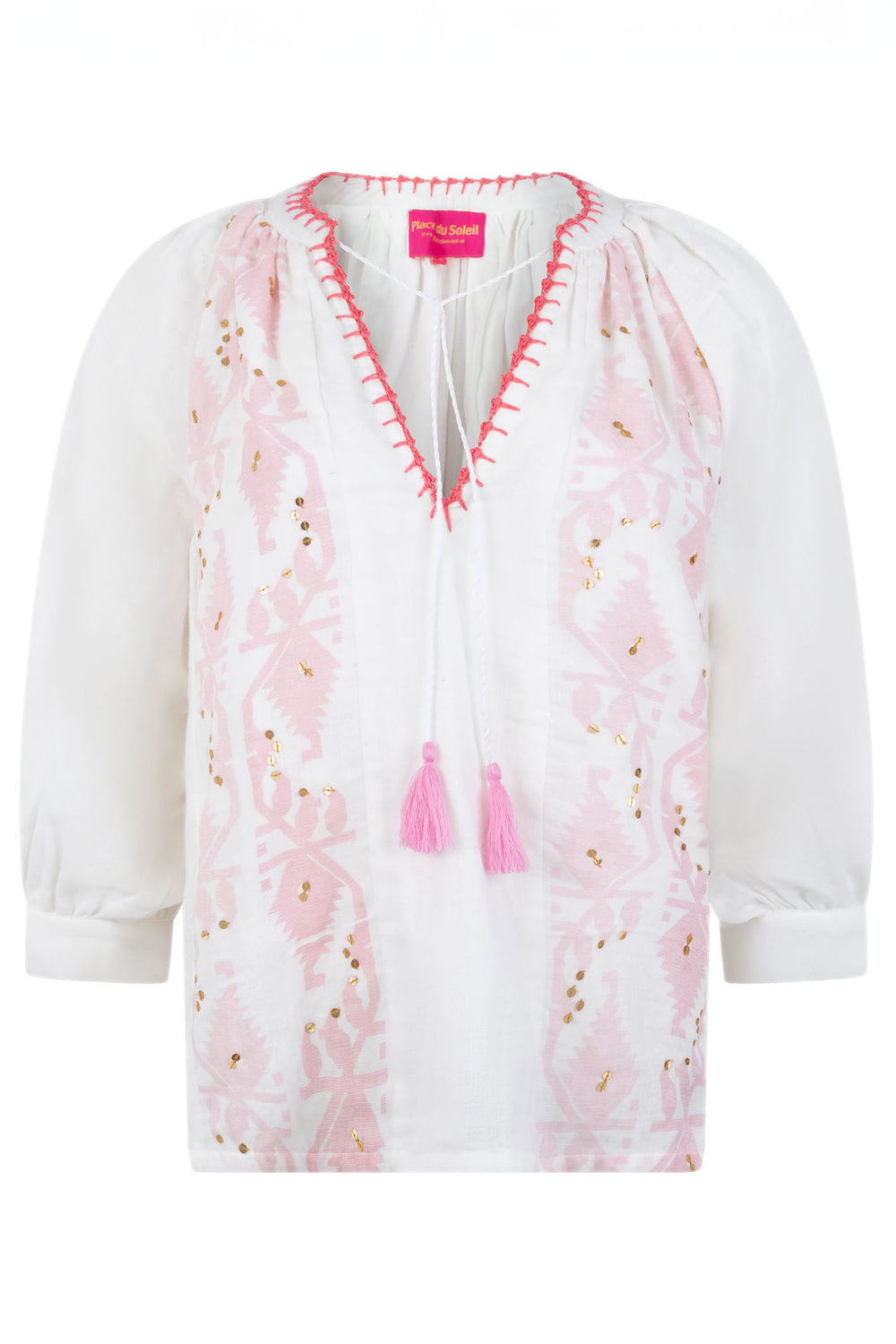 Place du Soleil S24 307 White Pink Ikat Print Blouse - Olivia Grace Fashion