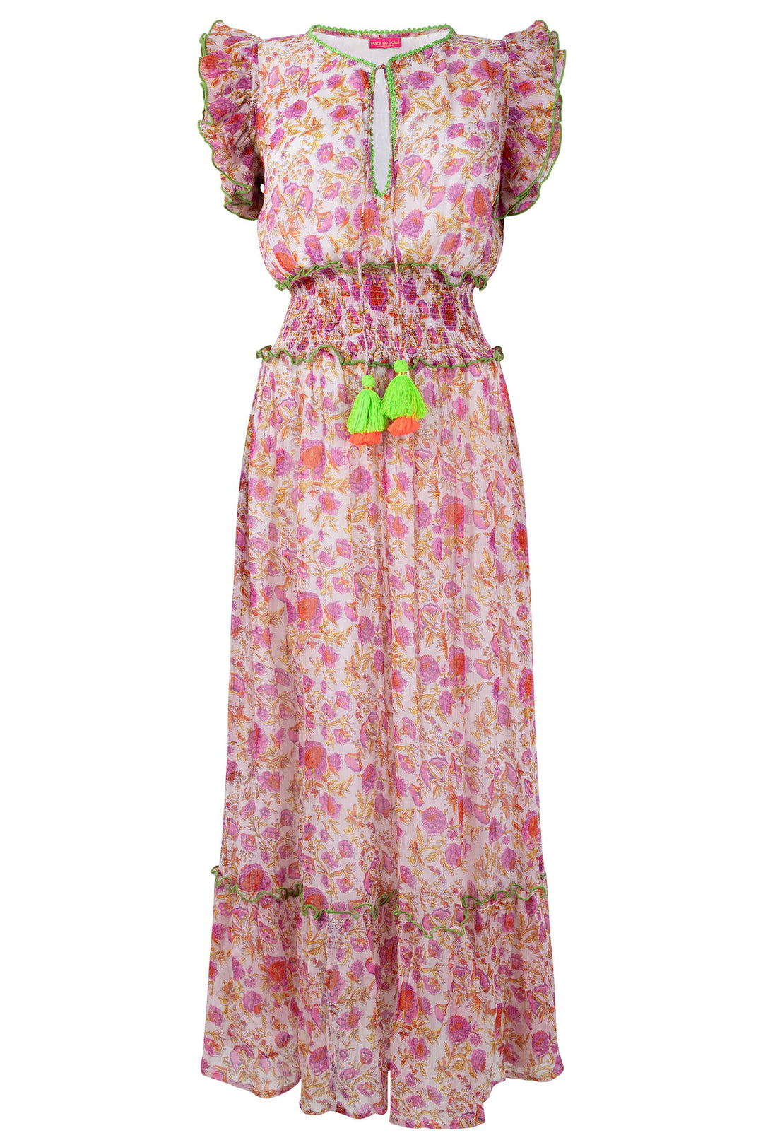 Place du Soleil S24 406 Pink Floral Print Ruffle Sleeve Dress - Olivia Grace Fashion