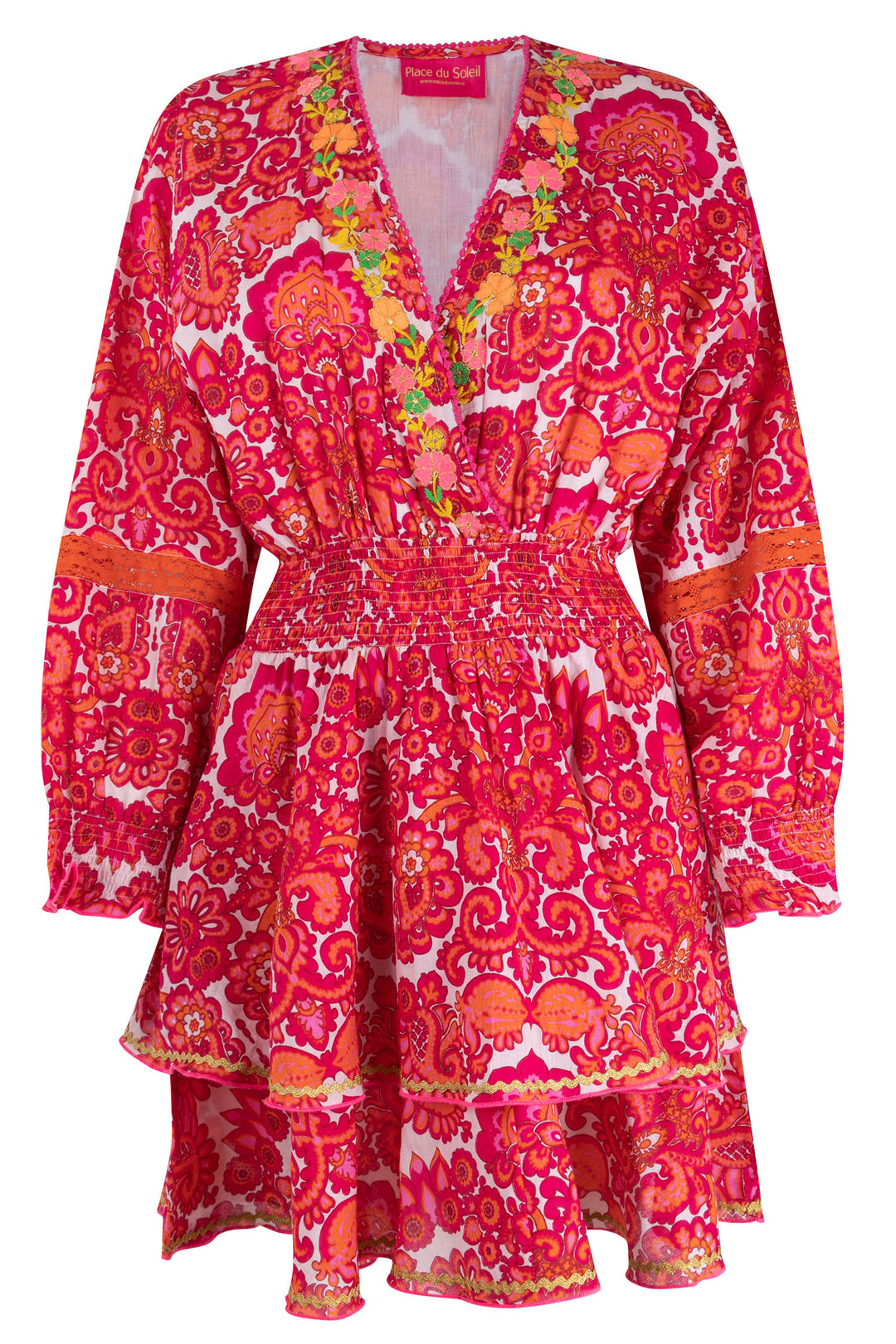 Place du Soleil S24 421 Red Orange Print Short Summer Dress - Olivia Grace Fashion