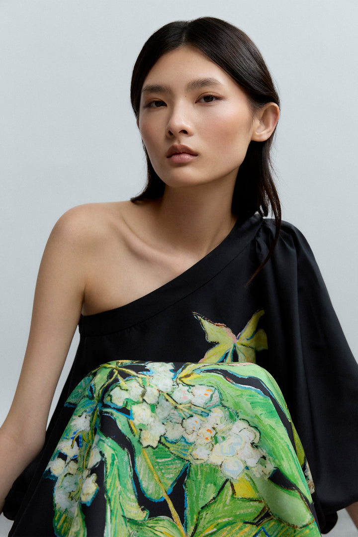 Psophia 224DRS2695 Black Print Silk One Shoulder Dress