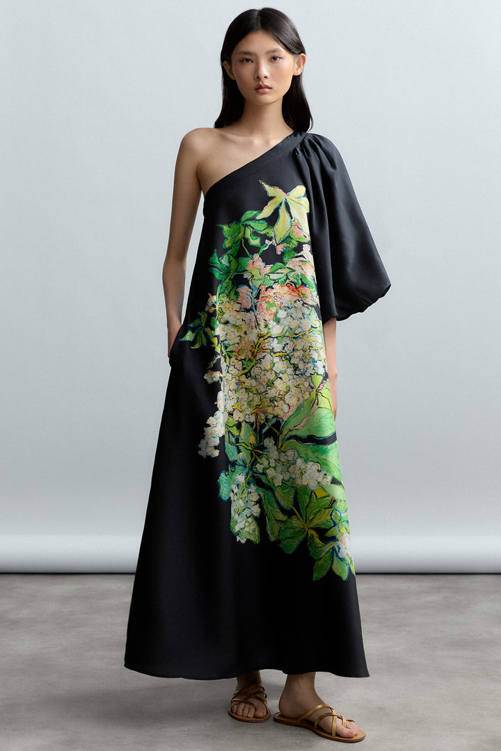 Psophia 224DRS2695 Black Print Silk One Shoulder Dress