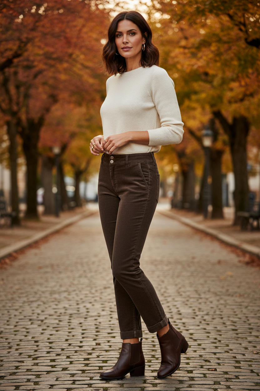 Red Button Diana Cord Tapered Leg Mud Brown Trousers SRB4671