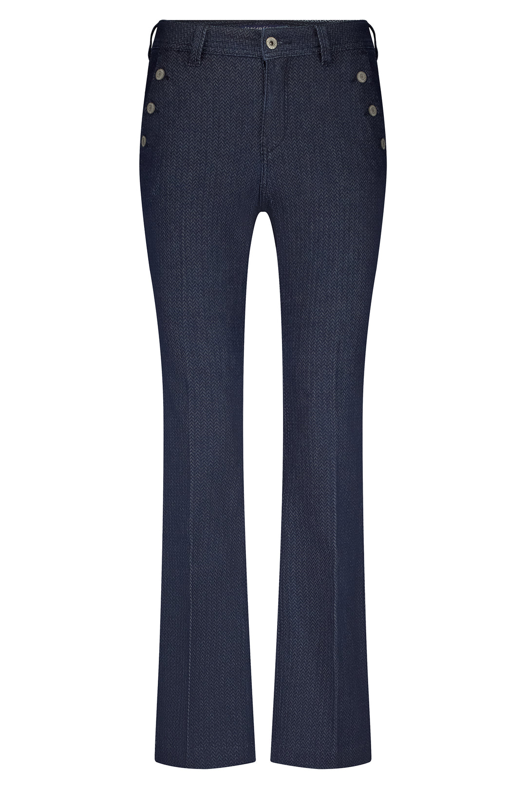 Dark blue pants with button details on a white background