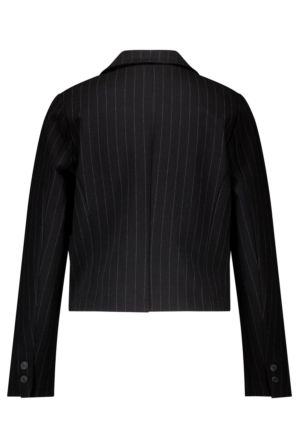 Black pinstripe suit jacket on a white background