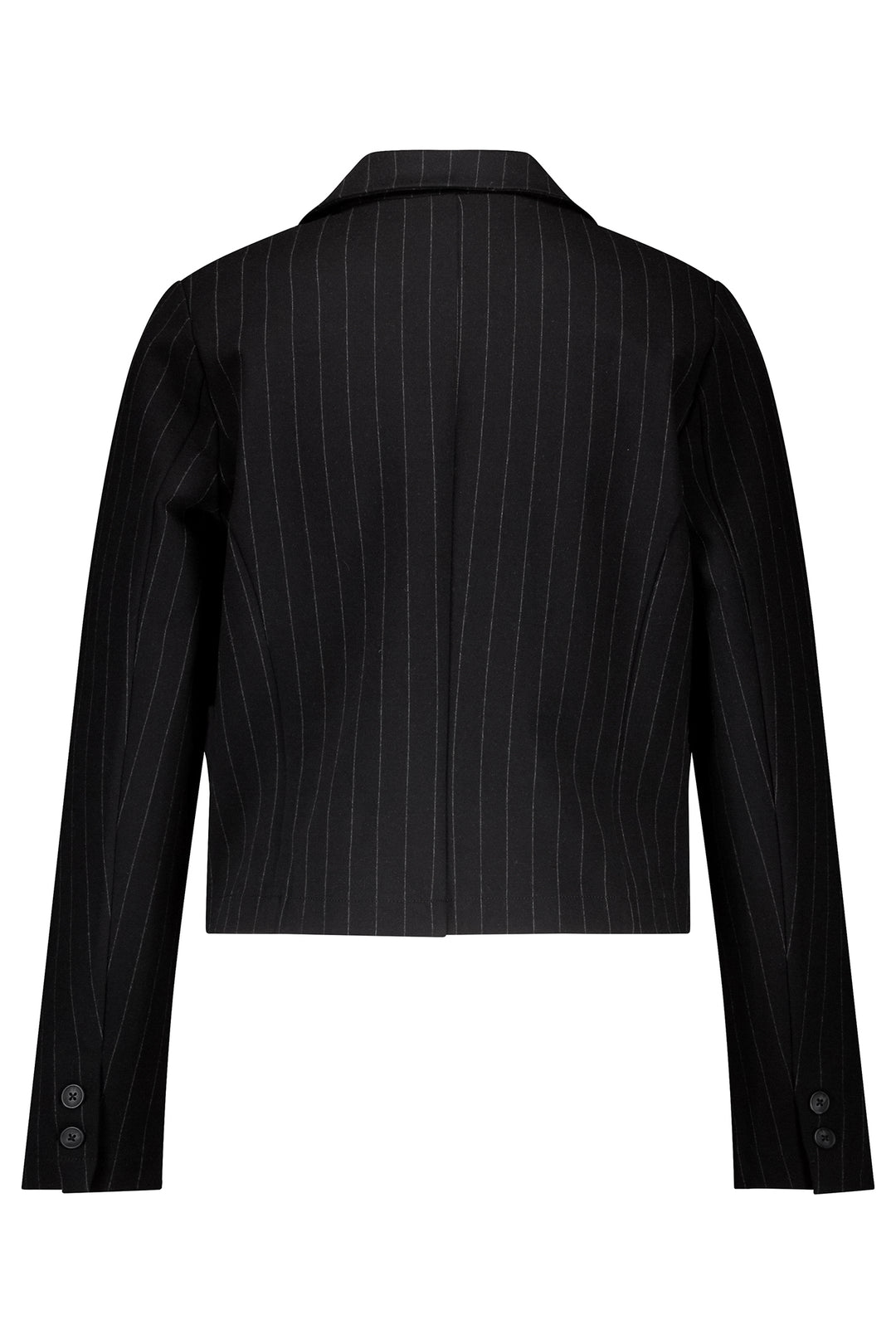 Black pinstripe suit jacket on a white background