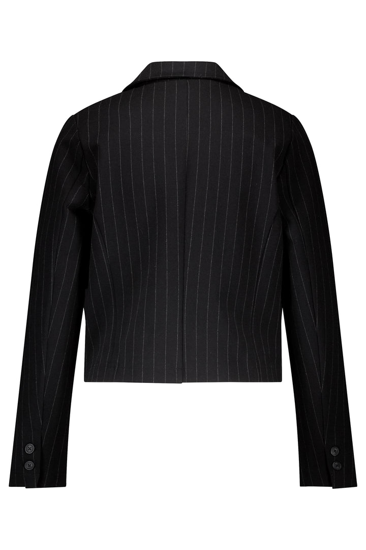 Black pinstripe suit jacket on a white background