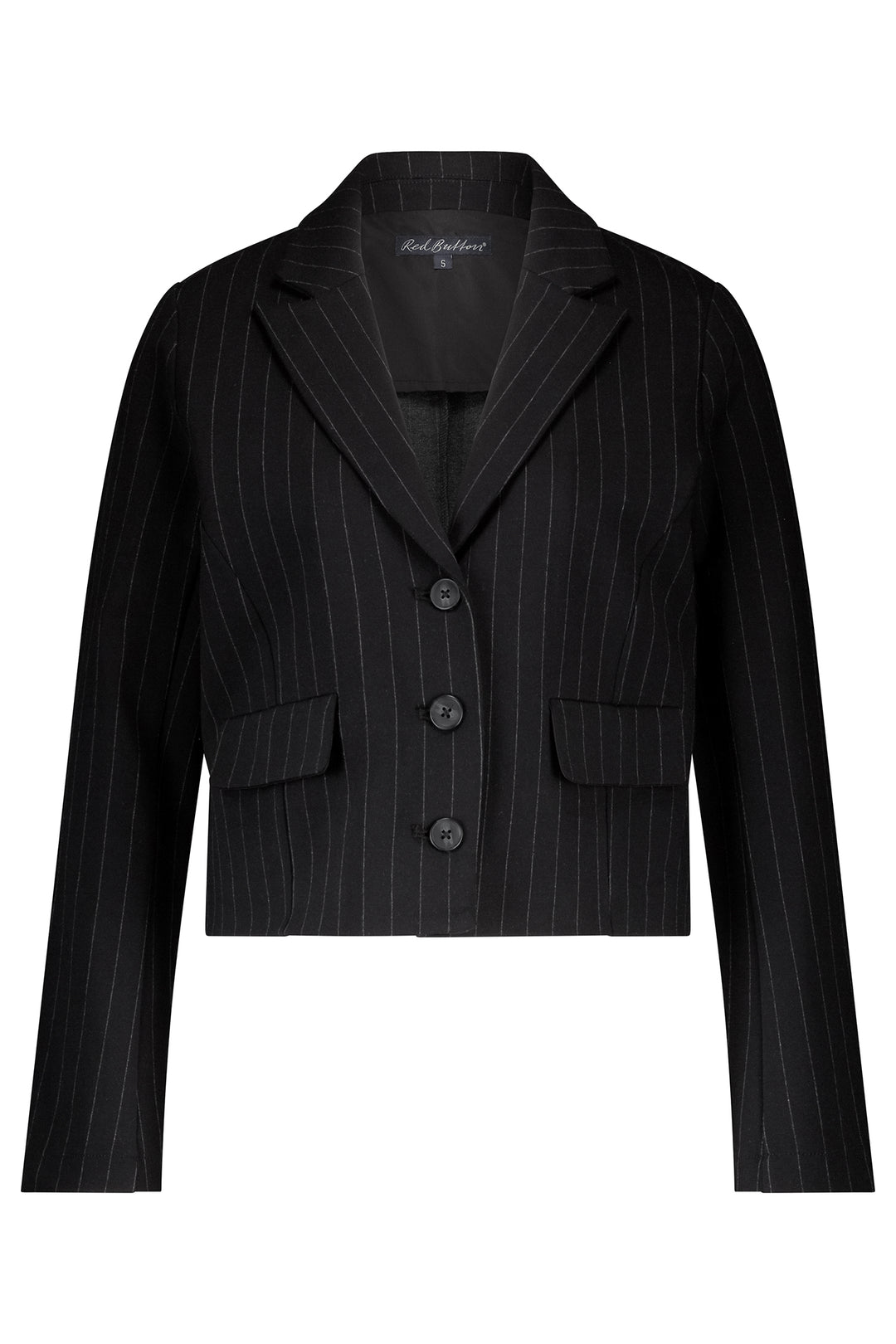 Black pinstripe jacket on a white background
