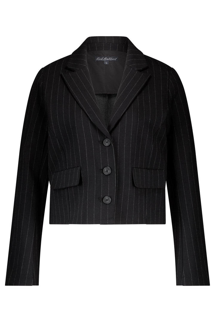 Black pinstripe jacket on a white background