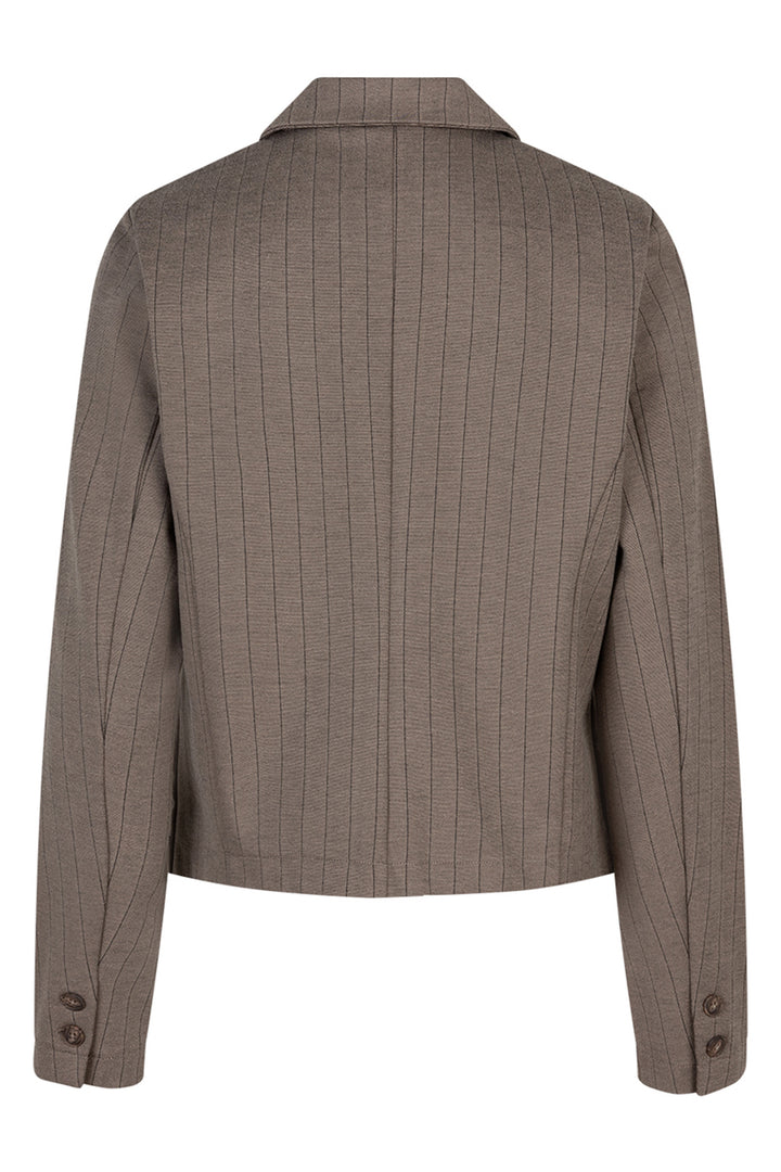 Brown pinstripe blazer on a white background