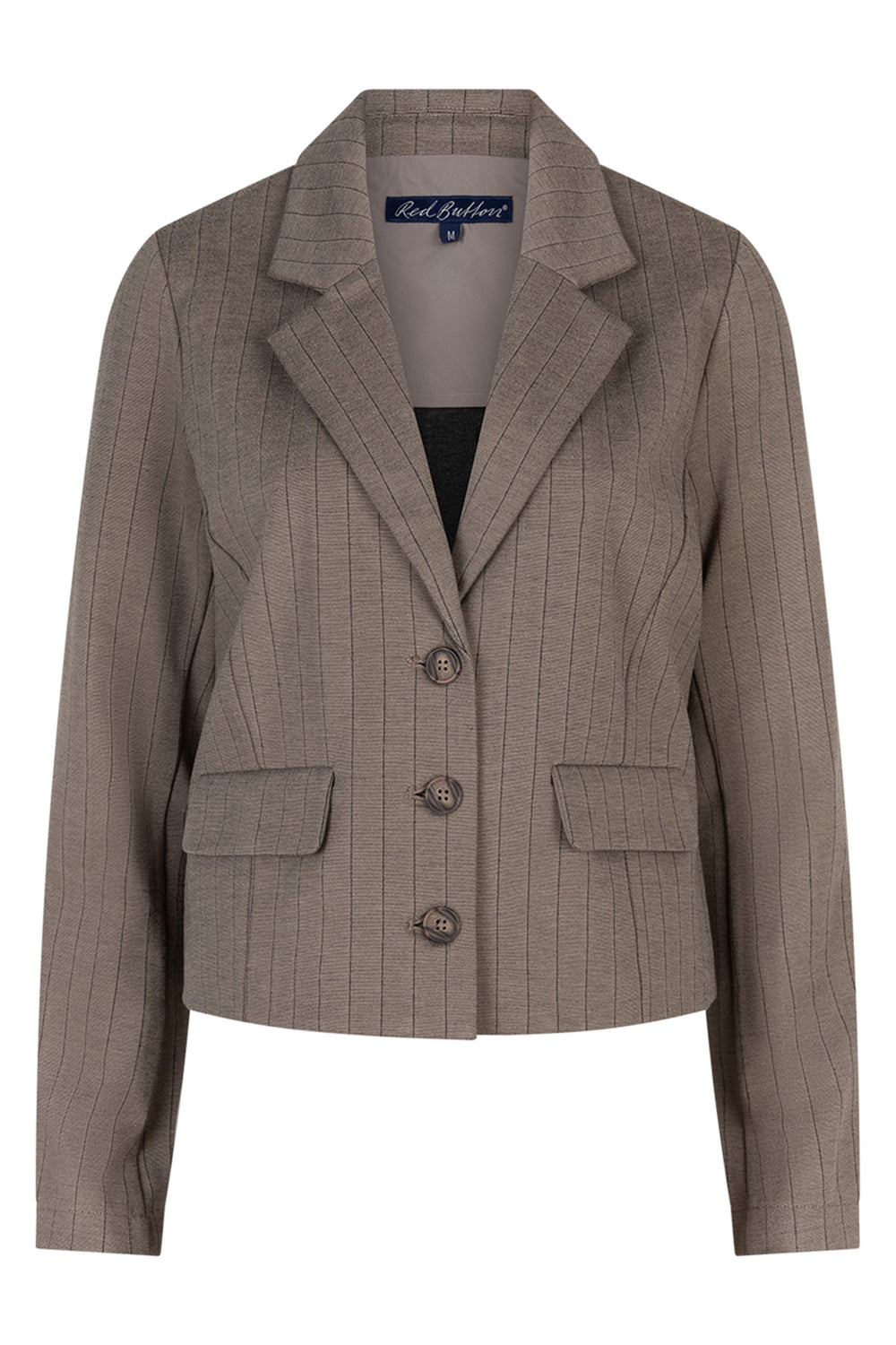 Brown pinstripe blazer on a white background