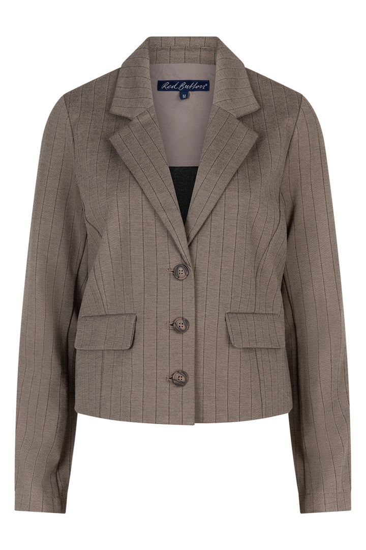 Brown pinstripe blazer on a white background