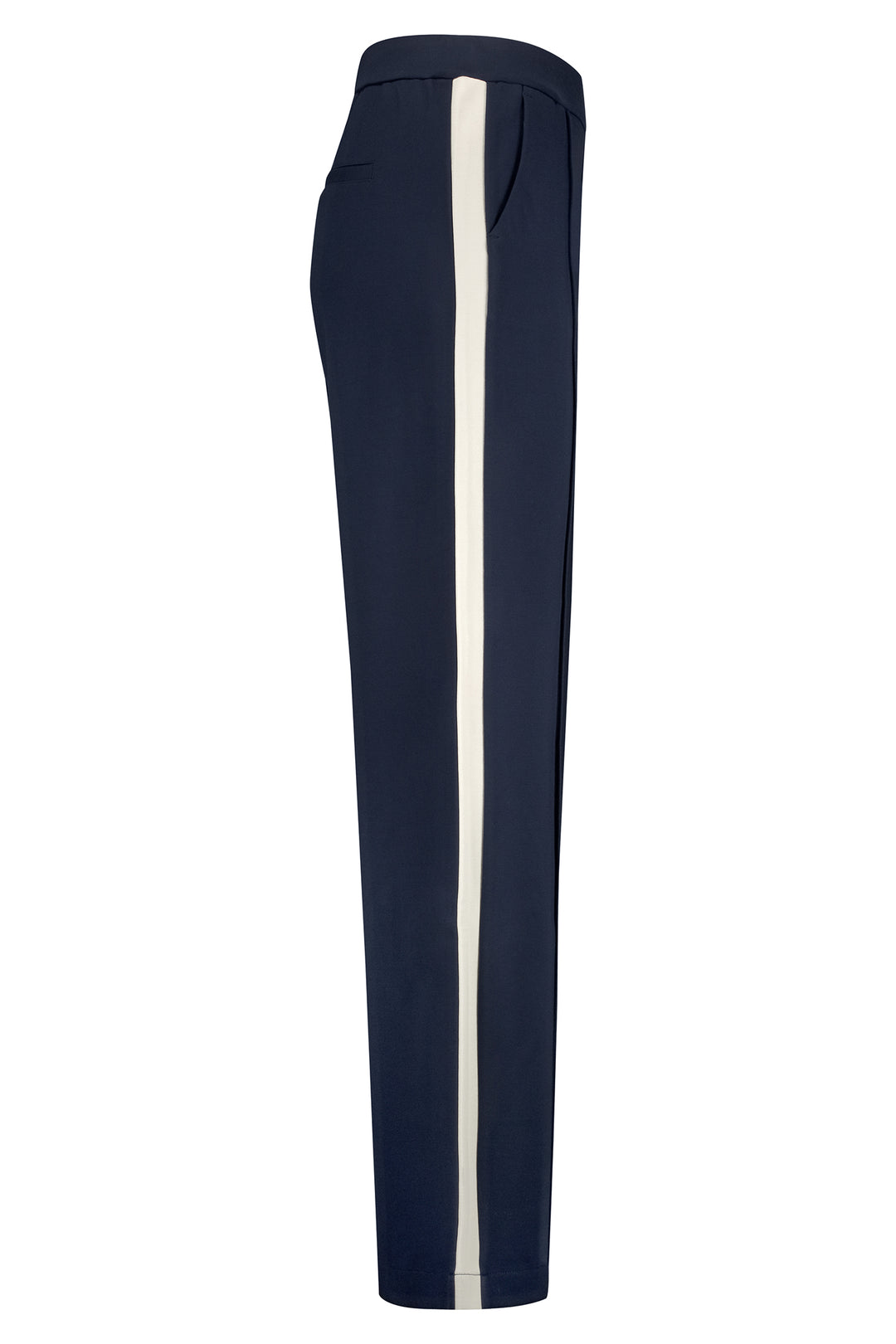 Navy pants with a white stripe on a white background