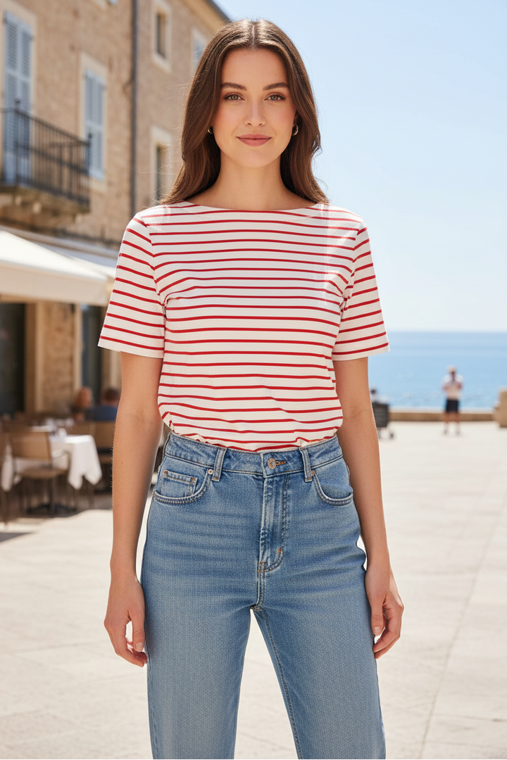 Red Button SRB4754 Red Terry Stripe Short Sleeve Top