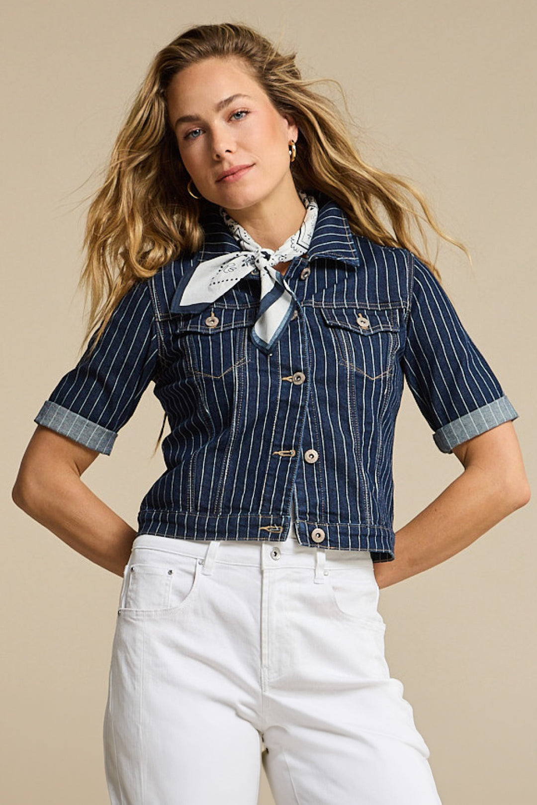 Red Button SRB4834 Jackie Denim Pinstripe Blue Short Sleeve Jacket