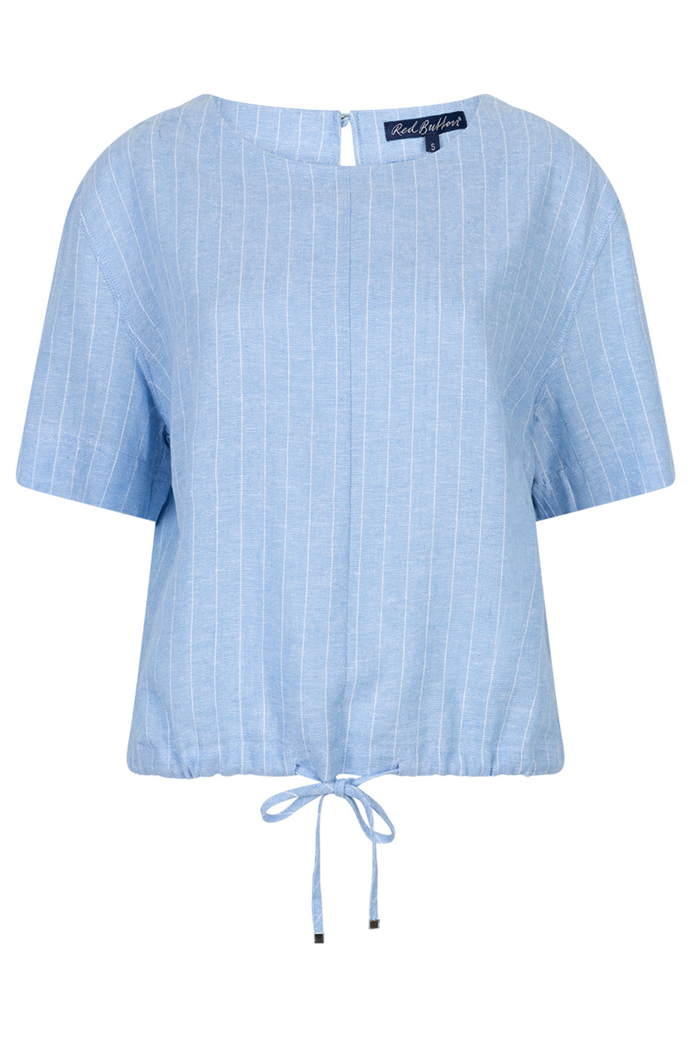 Light blue striped blouse with a drawstring detail on a white background