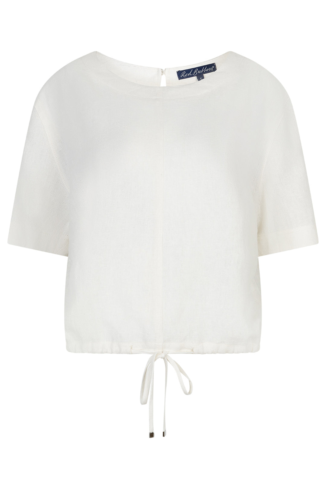 White blouse with a brand label on a white background