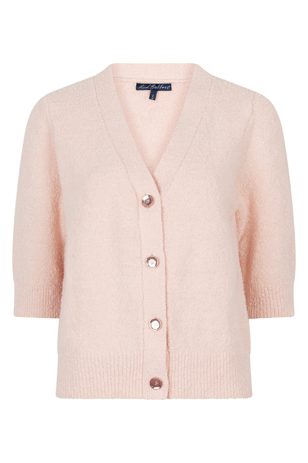 Pink cardigan with button details on a white background