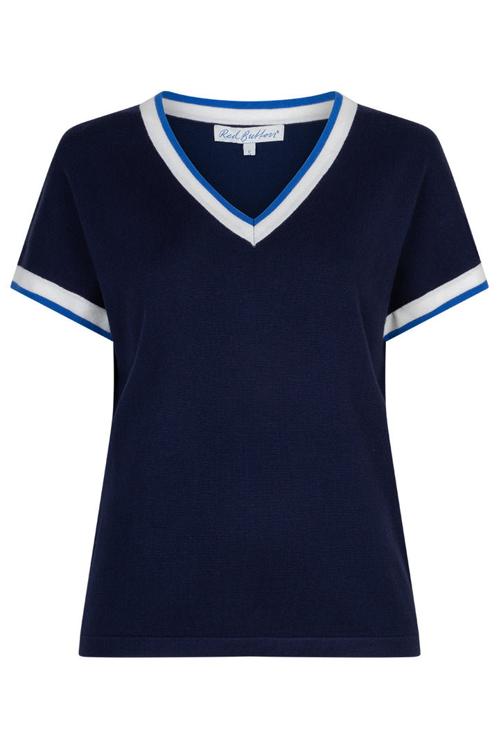 Red Button SRB4977 Jerry Dark Blue V-neck Striped Rib Jumper