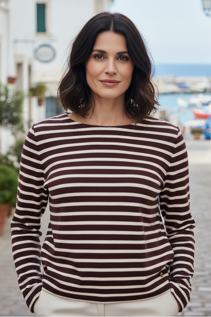 Red Button Terry Stripe Burgundy Cream Top SRB5085B